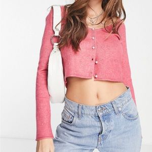 ASOS DESIGN scoop neck cardigan with iron on embellishment in pink
